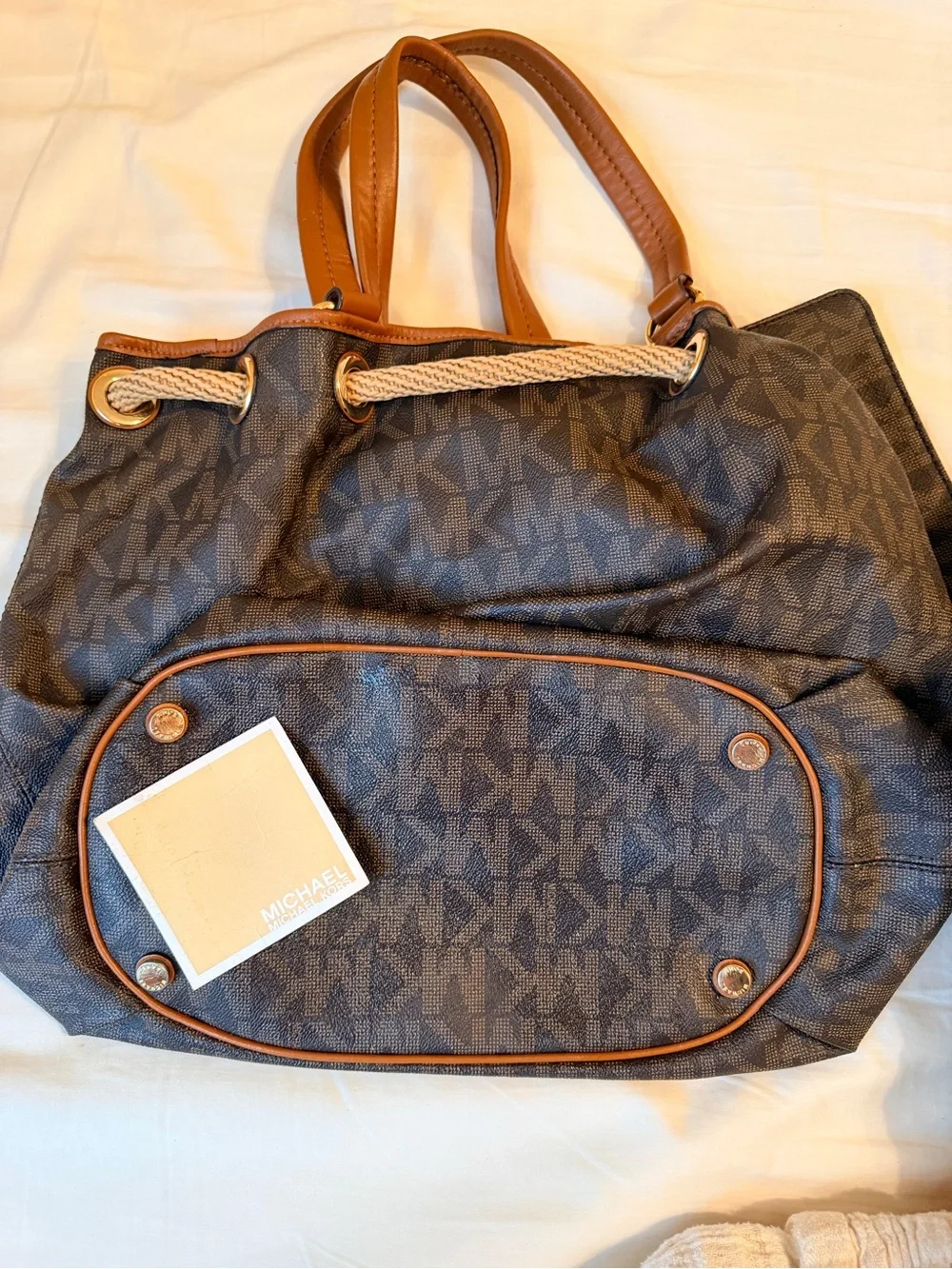Michael Kors Brown and Tan Logo Drawstring Tote with Wristlet